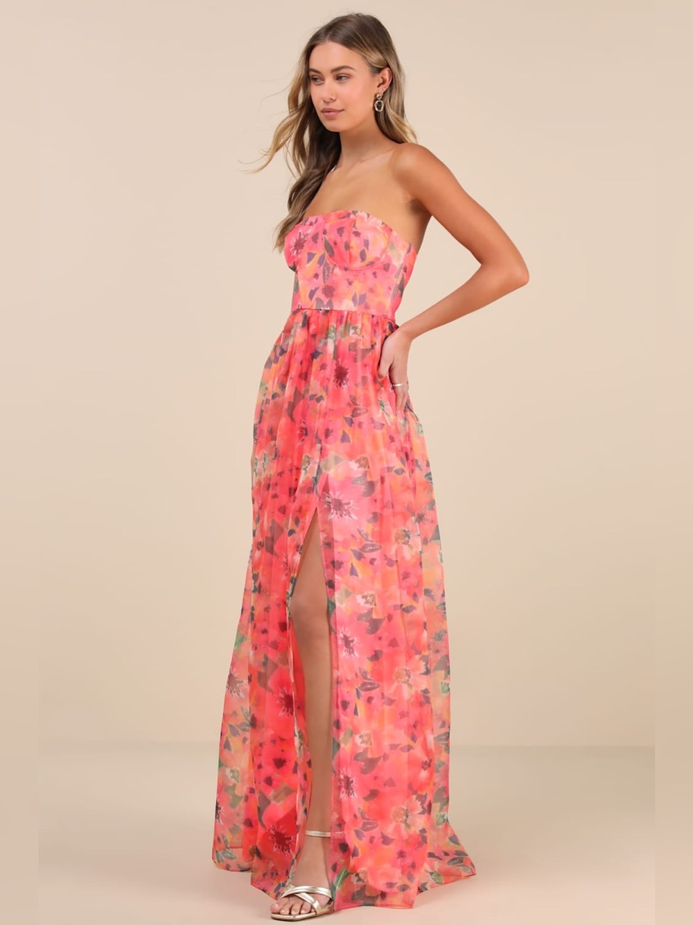 Lulus Wonderful Waltz Coral Floral Print Strapless Bustier Maxi Dress NWT Sz L